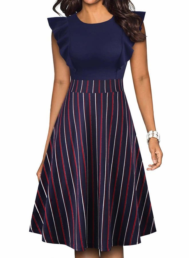 Women's Vintage Ruffle Floral Flared A Line Swing Dresses, Yt001-navy Stripe P1, XL