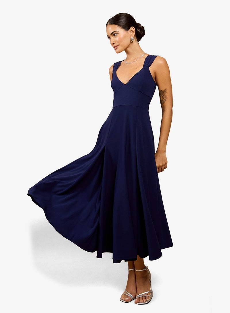 Little Mistress Navy V-Neck Midi Dress - Image 1