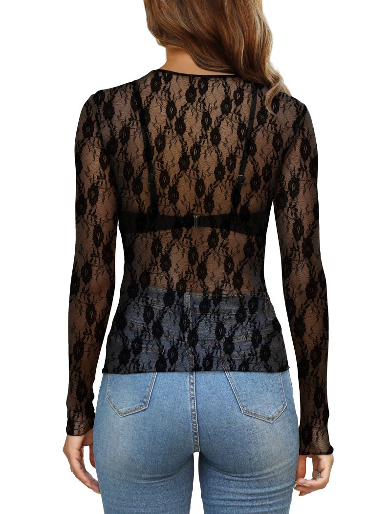 OFEEFAN Sexy Tops for Women Black Lace Long Sleeve Tops Trendy Summer Mesh Top Sheer Undershirt Slim Fitted Crewneck Shirts See Through Dressy Blouses Clubwear S - Image 4