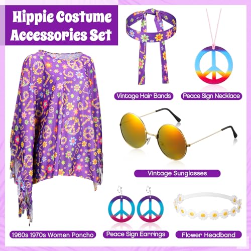 Hicarer 6 Pcs Hippie Costume Accessories Set Includes Headband Poncho Necklace Earrings Sunglasses for WomenRomantic Flower - Image 3