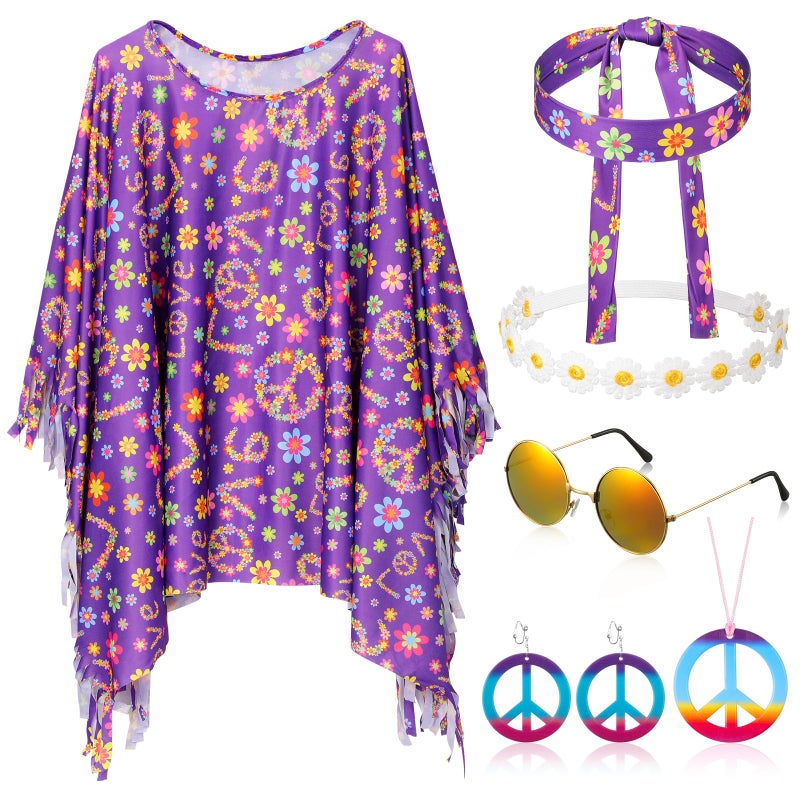 Hicarer 6 Pcs Hippie Costume Accessories Set Includes Headband Poncho Necklace Earrings Sunglasses for WomenRomantic Flower - Image 2