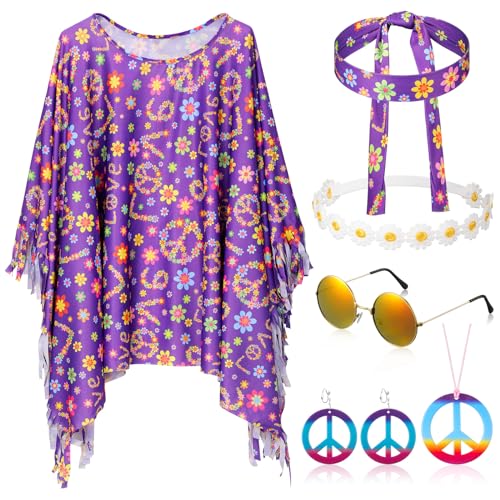 Hicarer 6 Pcs Hippie Costume Accessories Set Includes Headband Poncho Necklace Earrings Sunglasses for WomenRomantic Flower - Image 1