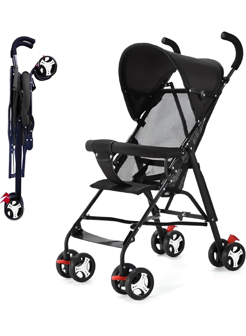 عالية الجودة عربة أطفال مريحة للأطفال، عربة سفر خفيفة الوزن بإطار من سبائك الفولاذ، قابلة للطي بشكل مضغوط، مظلة، حزام كتف، من عمر 6 إلى 36 شهرًا - أسود - Image 1