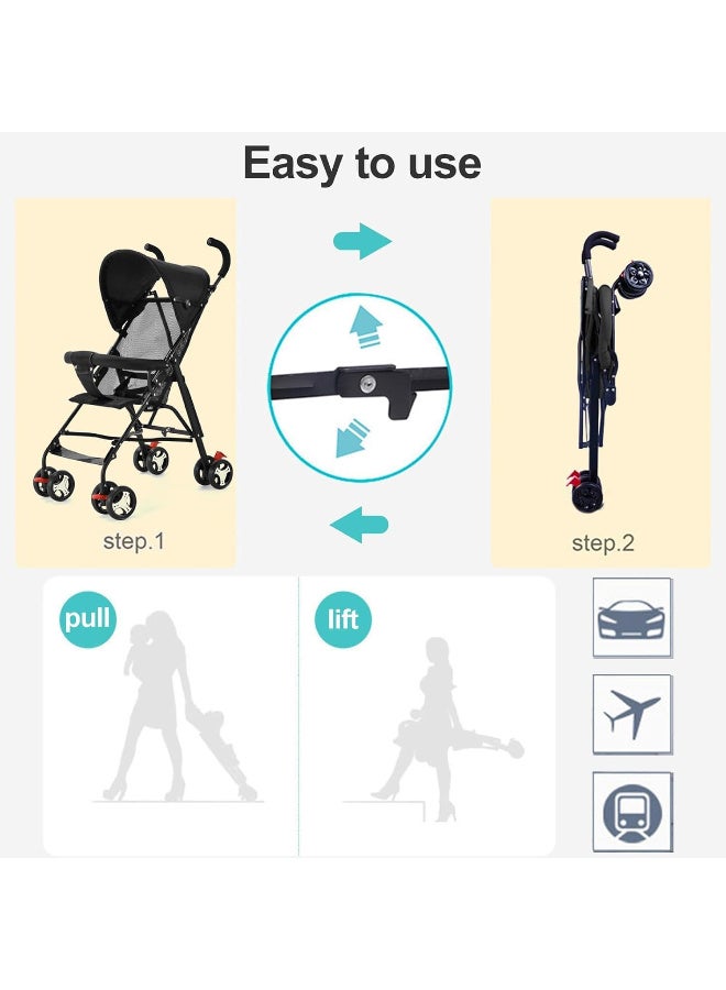 عالية الجودة عربة أطفال مريحة للأطفال، عربة سفر خفيفة الوزن بإطار من سبائك الفولاذ، قابلة للطي بشكل مضغوط، مظلة، حزام كتف، من عمر 6 إلى 36 شهرًا - أسود - Image 5