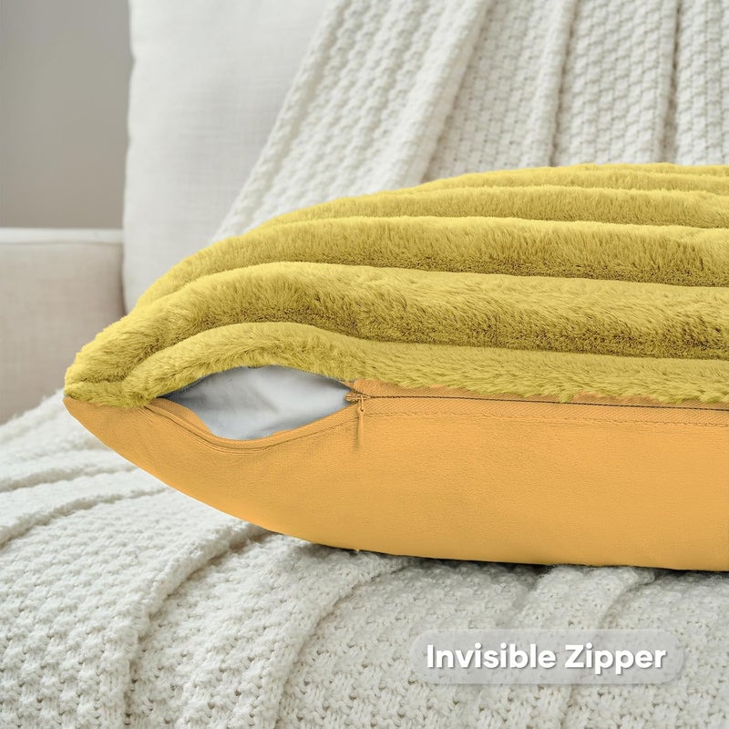 FUTEI Mustard Yellow Striped Decorative Throw Pillow Covers 20x20 Inch Set of 2,Square Winter Decorations Couch Pillow Case,Soft Cozy Faux Rabbit Fur & Velvet Back,Modern Home Decor for Bed - Image 3