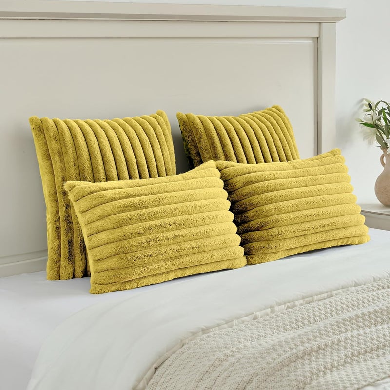 FUTEI Mustard Yellow Striped Decorative Throw Pillow Covers 20x20 Inch Set of 2,Square Winter Decorations Couch Pillow Case,Soft Cozy Faux Rabbit Fur & Velvet Back,Modern Home Decor for Bed - Image 5