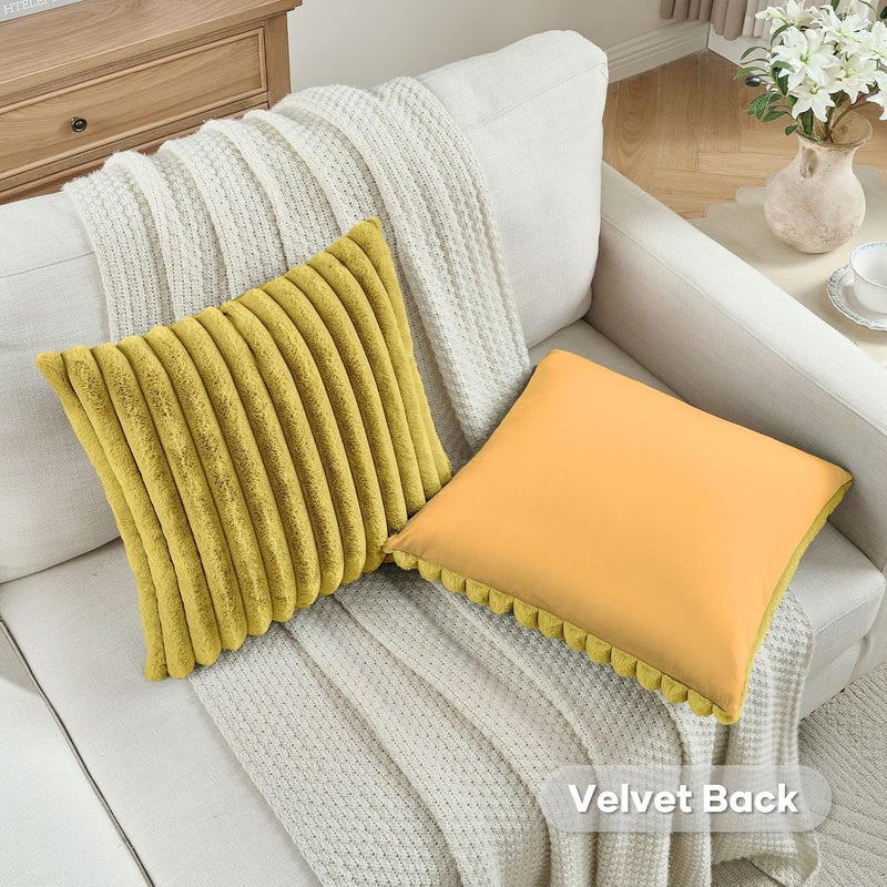 FUTEI Mustard Yellow Striped Decorative Throw Pillow Covers 20x20 Inch Set of 2,Square Winter Decorations Couch Pillow Case,Soft Cozy Faux Rabbit Fur & Velvet Back,Modern Home Decor for Bed - Image 4