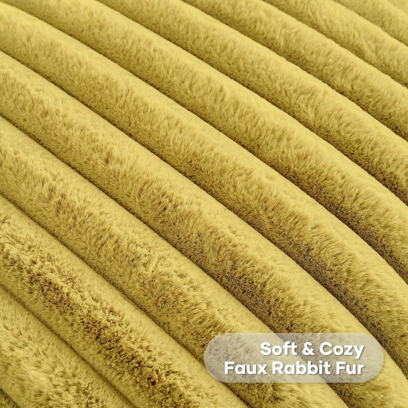 FUTEI Mustard Yellow Striped Decorative Throw Pillow Covers 20x20 Inch Set of 2,Square Winter Decorations Couch Pillow Case,Soft Cozy Faux Rabbit Fur & Velvet Back,Modern Home Decor for Bed - Image 2
