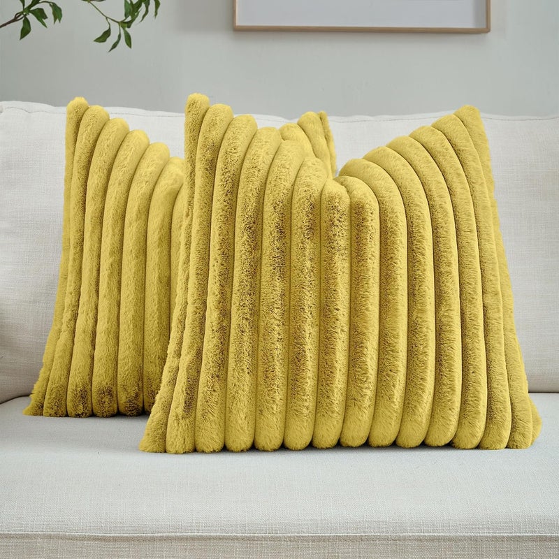 FUTEI Mustard Yellow Striped Decorative Throw Pillow Covers 20x20 Inch Set of 2,Square Winter Decorations Couch Pillow Case,Soft Cozy Faux Rabbit Fur & Velvet Back,Modern Home Decor for Bed - Image 1