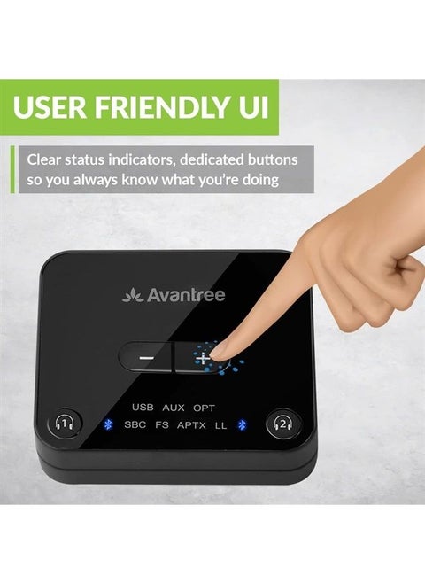 Audikast Plus Bluetooth 5.0 Transmitter for TV with Volume Control, aptX Low Latency Audio Adapter for 2 Headphones (Optical, AUX, RCA, USB), Class 1 Long Range 100ft - No Receiver Mode