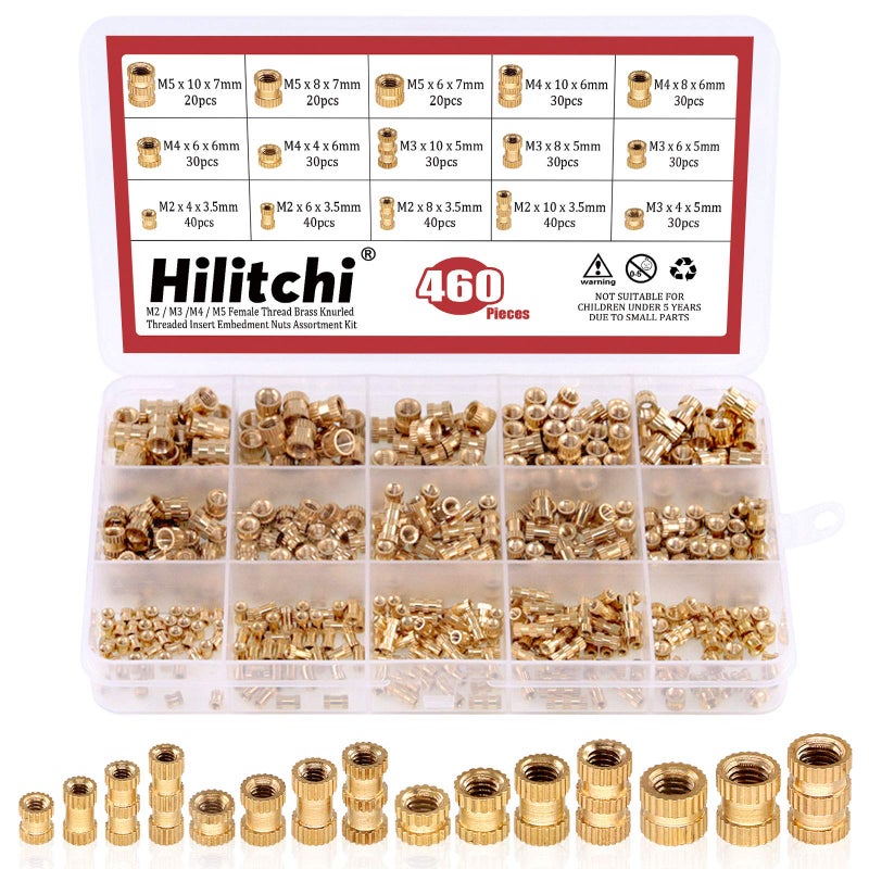 Hilitchi 460 Pcs M2 M3 M4 M5 Female Thread Brass Knurled Threaded Insert Embedment Nuts Assortment Kit, Embed Parts, Pressed Fit into Holes for 3D Prints and More Projects - Image 1