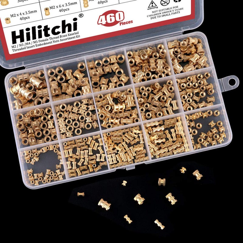 Hilitchi 460 Pcs M2 M3 M4 M5 Female Thread Brass Knurled Threaded Insert Embedment Nuts Assortment Kit, Embed Parts, Pressed Fit into Holes for 3D Prints and More Projects - Image 5