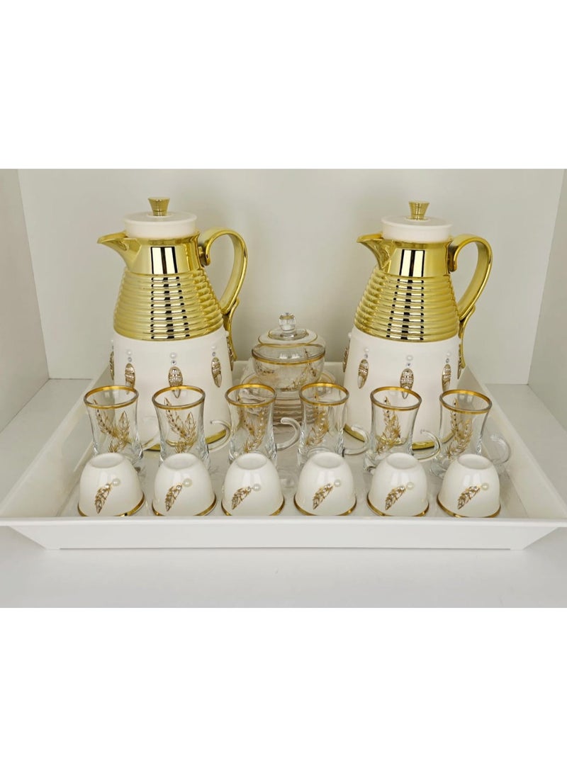 Damanhoor Luxury Arabic Tea & Coffee Set with Thermos, Glass Cups, and Jar – Hand-Beaded Elegant Design - Image 1