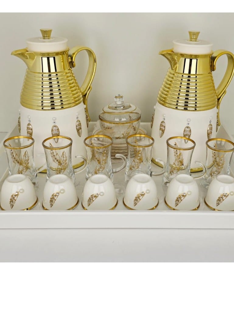 Damanhoor Luxury Arabic Tea & Coffee Set with Thermos, Glass Cups, and Jar – Hand-Beaded Elegant Design - Image 2