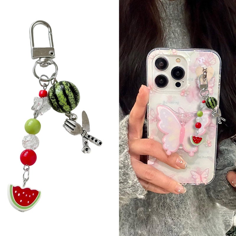 Summer Watermelon Bead Keychain Hanging Rope Resin Fruit Keyring Lightweight For Students Professionals - Image 2