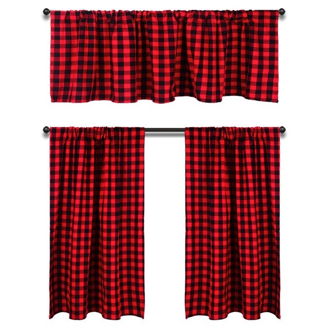 VALANCE CURTAIN SET 3PCS COTTON BUFFALO PLAID FARMHOUSE KITCHEN CURTAINS 58WX15L 29WX36L