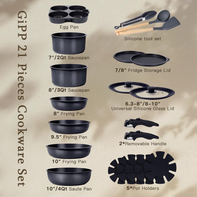 GiPP Ceramic Pots and Pans Set Non Stick, Nonstick Detachable Handle Cookware Sets, Healthy Non Toxic PFAS PFOA & PTFE Free, Dishwasher ï¼†Oven Safe, Induction Kitchen Pot and Pan, 21 Piece Grey - Image 2