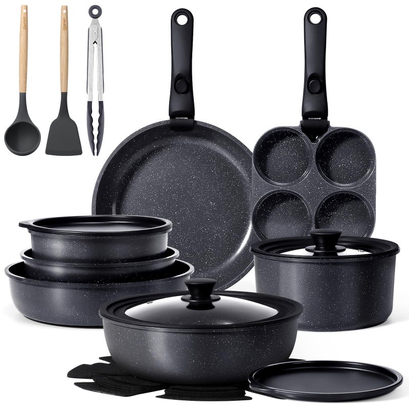 GiPP Ceramic Pots and Pans Set Non Stick, Nonstick Detachable Handle Cookware Sets, Healthy Non Toxic PFAS PFOA & PTFE Free, Dishwasher ï¼†Oven Safe, Induction Kitchen Pot and Pan, 21 Piece Grey - Image 1
