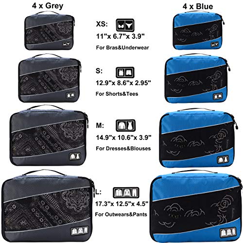 Idesort 8 Set Packing Cubes, Travel Luggage Bags Organizers Mixed Color Set (Grey Blue) - Image 2