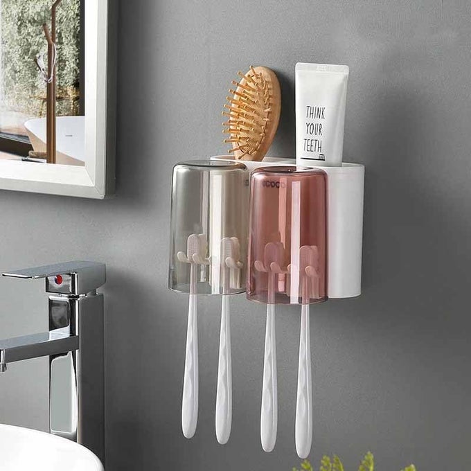 TOOTHBRUSH HOLDER SELFADHESIVE WALL MOUNT TOOTHPASTE STORAGE RACK TOOTHBRUSH DISPENSER BATHROOM ORGANIZER ACCESSORIES TOOTHBRUSH HOLDERS FOR BATHROOM2CUP