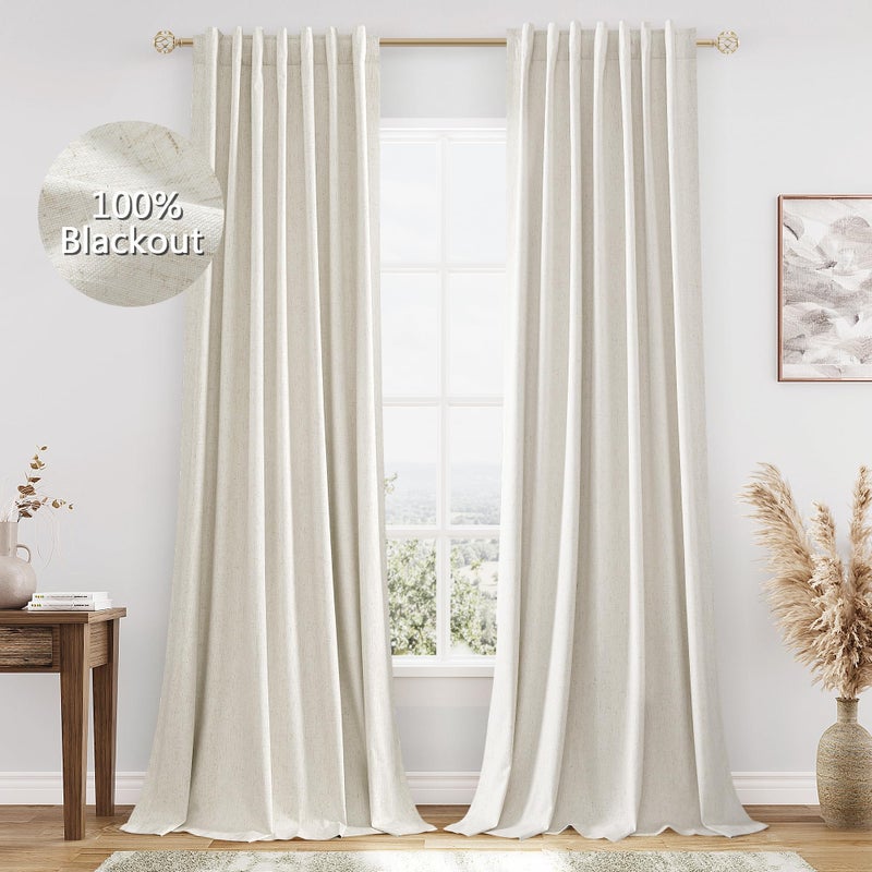 Guken Cream 100% Blackout Linen Curtains 90 Inch Length 2 Panels Set for Living Room Bedroom Back Tab Thermal Insulated Black Out Drapes Room Darkening Farmhouse Style Window Curtains 52x90 - Image 1