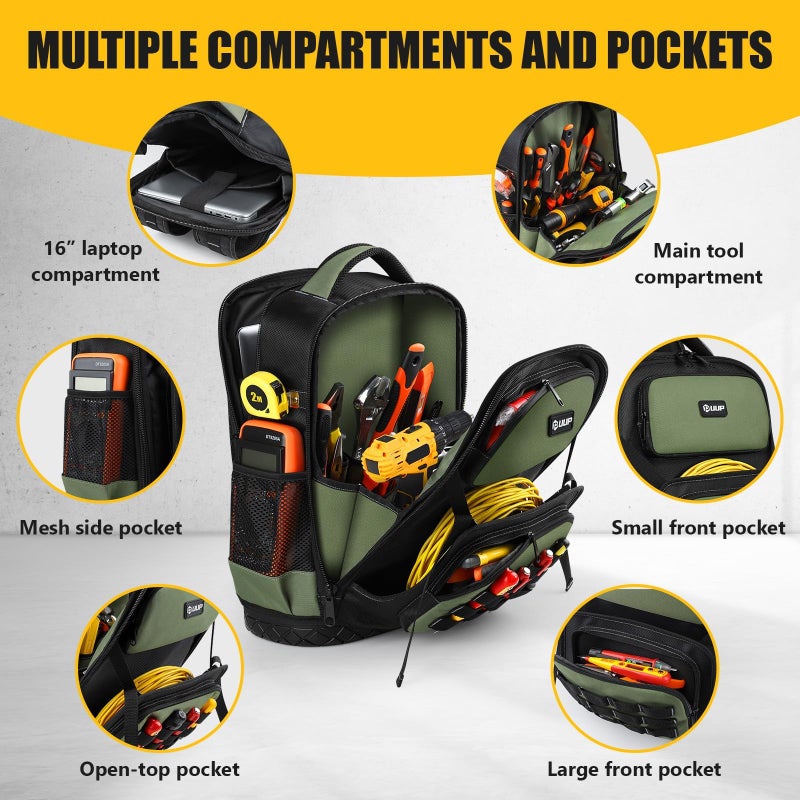 UUP Tool Backpack, UUP Heavy Duty Tool Bag, Large Empty Toolbag Organizer with Waterproof Molded Hard Bottom, Utility Tool Laptop Storage Back Pack, HVAC Technician Electrician Construction Men Dad Gift - Image 3