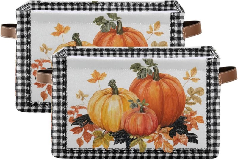 senya Thanksgiving Day Storage Basket, Leaves Pumpkin Autumn Foldable Fabric Collapsible Storage Bins Organizer Bag for Clothes - Image 2