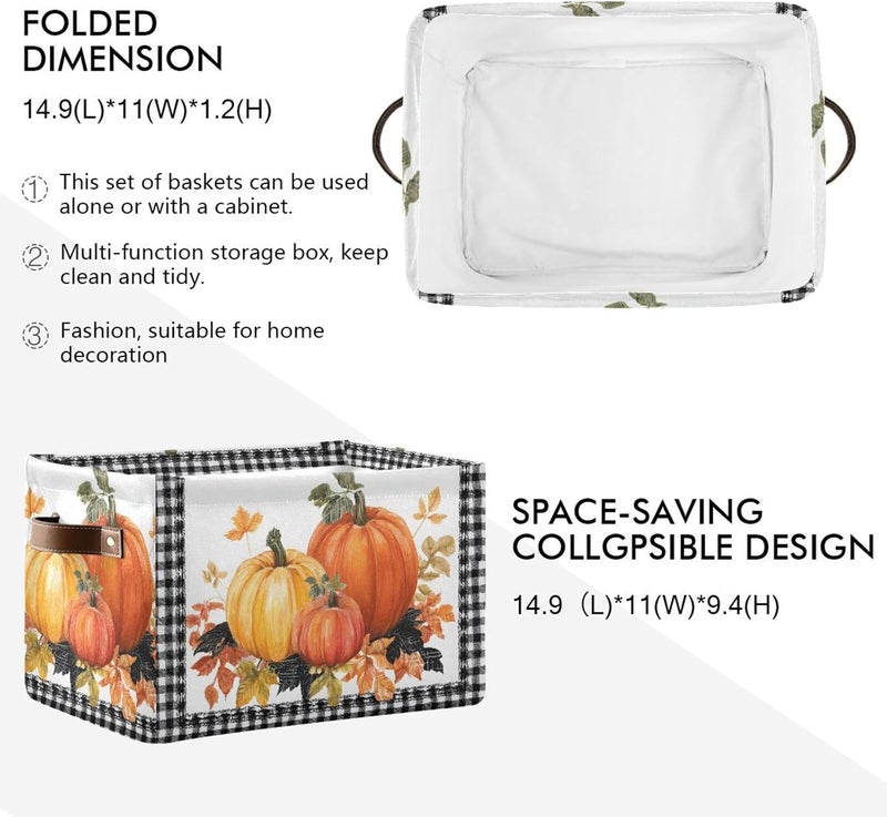 senya Thanksgiving Day Storage Basket, Leaves Pumpkin Autumn Foldable Fabric Collapsible Storage Bins Organizer Bag for Clothes - Image 3
