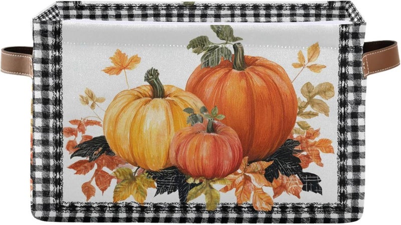 senya Thanksgiving Day Storage Basket, Leaves Pumpkin Autumn Foldable Fabric Collapsible Storage Bins Organizer Bag for Clothes - Image 1