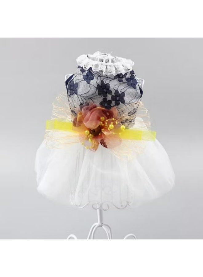Elegant Pet Wedding Dress with Navy Lace Crown, White Tulle Skirt, Floral Accents, Special Occasion Formal Wear