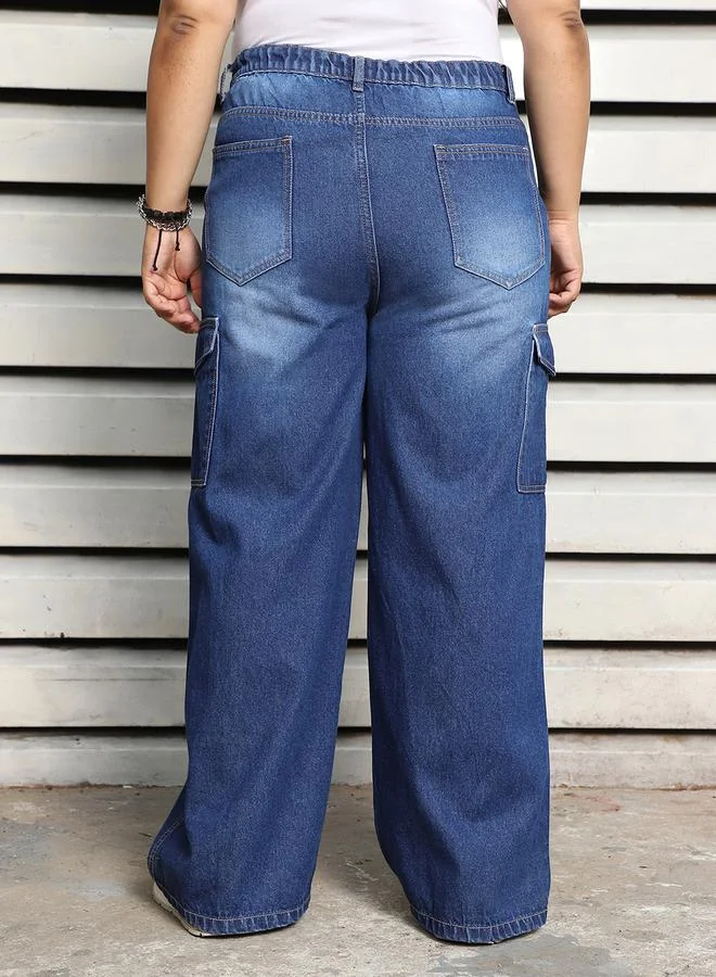 HIGH STAR Plus Size Wide Leg Faded Cargo Jeans by Styli