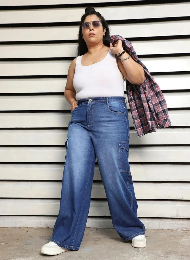 HIGH STAR Plus Size Wide Leg Faded Cargo Jeans by Styli
