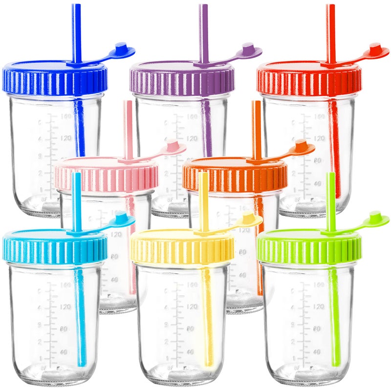 Youngever 8 Pack Glass Jars with Straws 8 Ounce Glass Cups with Straws Glass Mason Jars with Airtight Lids and Straws 8 Rainbow Colors