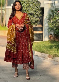 IndHeritage - Eid kurti set collection - Premium cotton 3pc A line kurti set / salwar suit with embroidery - Red, orange & yellow colour Indian designed top, pants & dupatta - Indian Kurti Set IDH00164