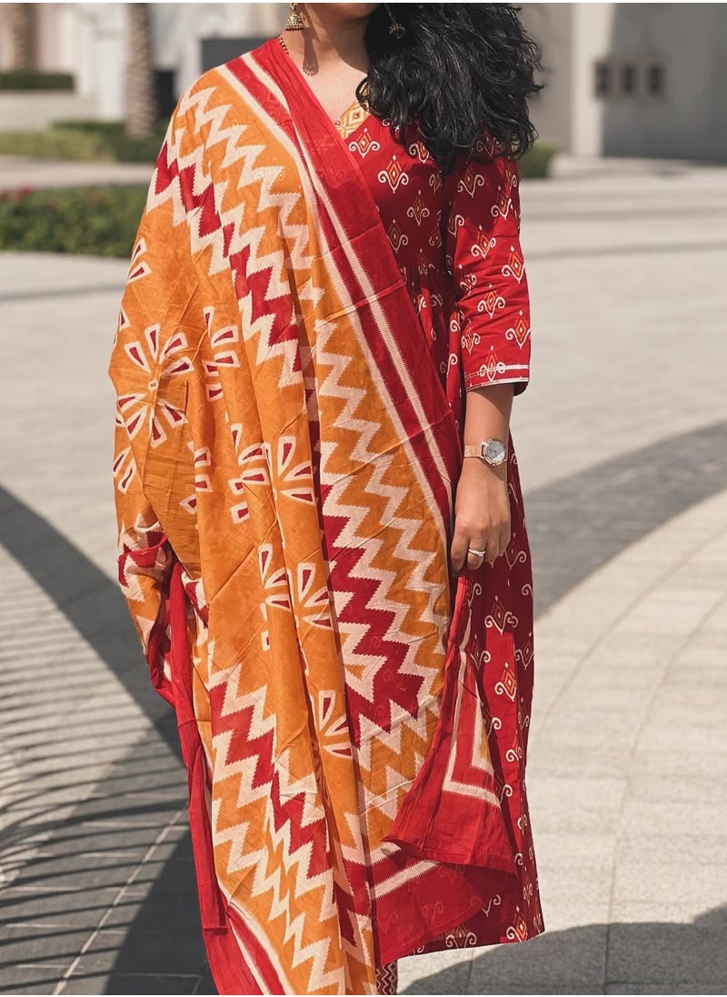 IndHeritage - IndHeritage - Eid kurti set collection - Premium cotton 3pc A line kurti set / salwar suit with embroidery - Red, orange & yellow colour Indian designed top, pants & dupatta - Indian Kurti Set IDH00164 - Image 1