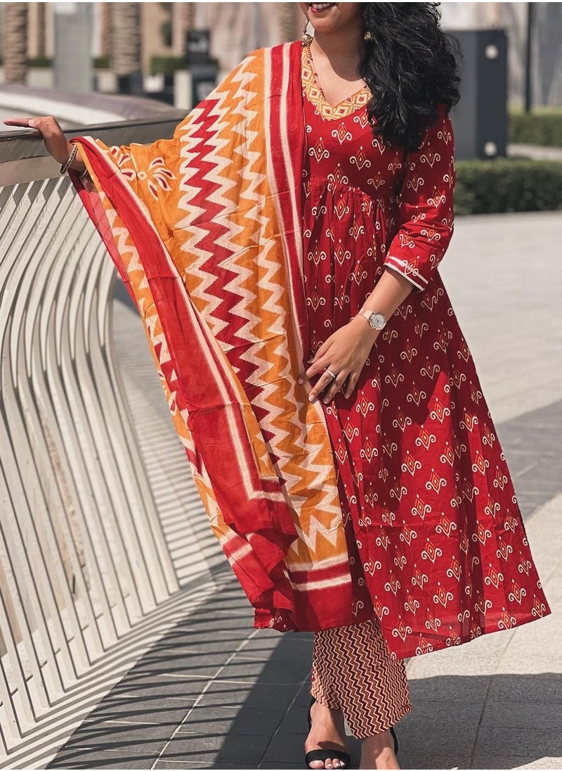 IndHeritage - IndHeritage - Eid kurti set collection - Premium cotton 3pc A line kurti set / salwar suit with embroidery - Red, orange & yellow colour Indian designed top, pants & dupatta - Indian Kurti Set IDH00164 - Image 1