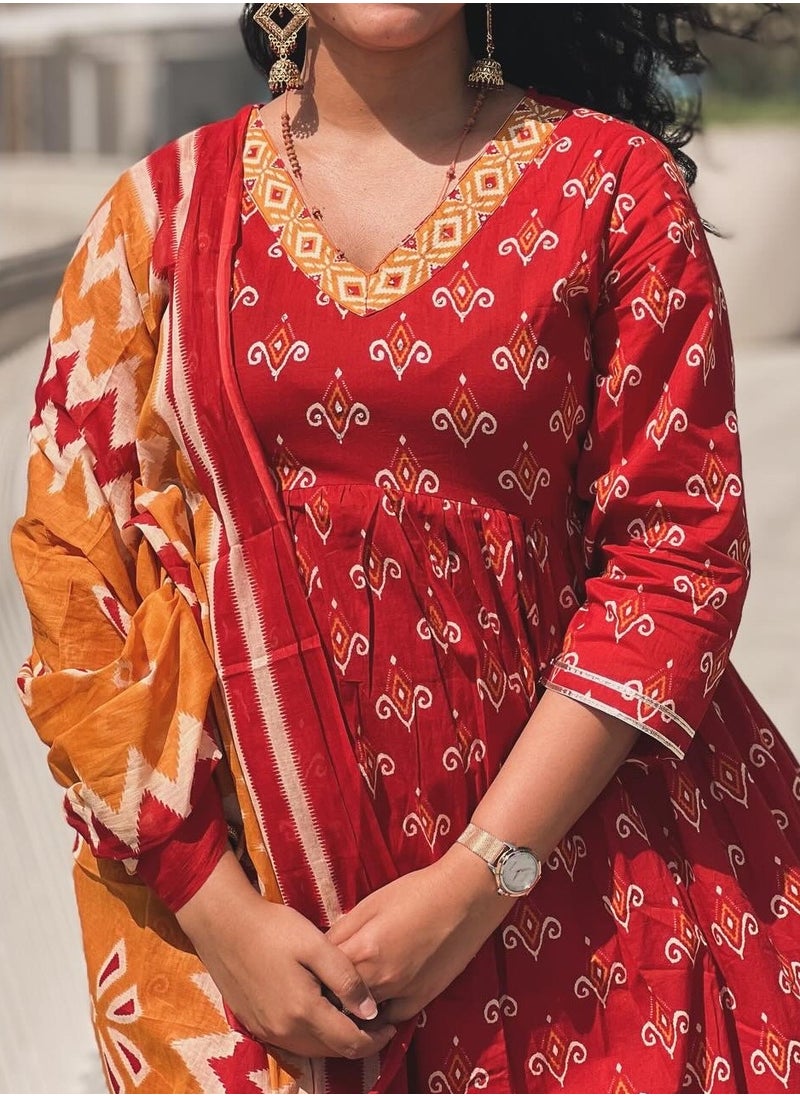 IndHeritage - IndHeritage - Eid kurti set collection - Premium cotton 3pc A line kurti set / salwar suit with embroidery - Red, orange & yellow colour Indian designed top, pants & dupatta - Indian Kurti Set IDH00164 - Image 1