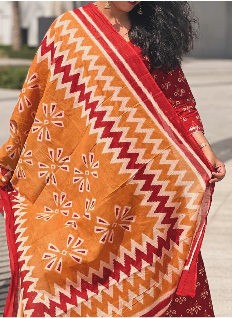 IndHeritage - IndHeritage - Eid kurti set collection - Premium cotton 3pc A line kurti set / salwar suit with embroidery - Red, orange & yellow colour Indian designed top, pants & dupatta - Indian Kurti Set IDH00164 - Image 1