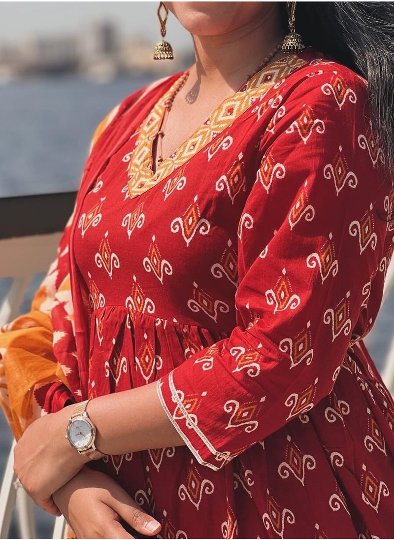 IndHeritage - IndHeritage - Eid kurti set collection - Premium cotton 3pc A line kurti set / salwar suit with embroidery - Red, orange & yellow colour Indian designed top, pants & dupatta - Indian Kurti Set IDH00164 - Image 1