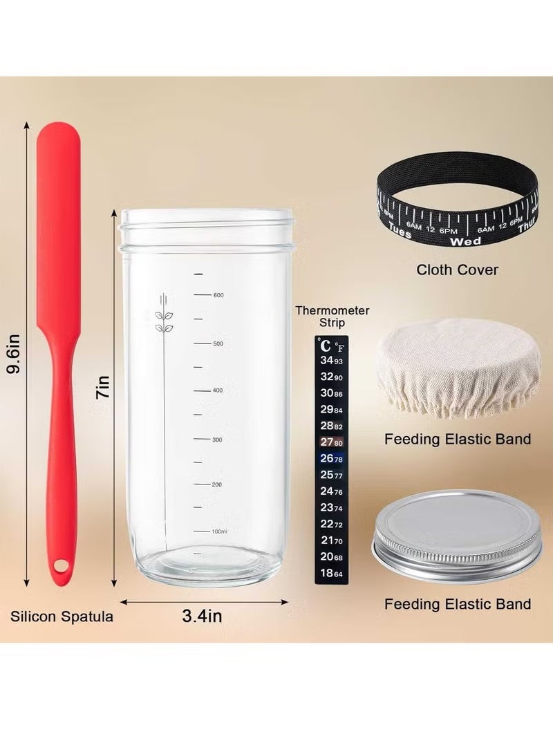 6PCS Sourdough Starter Kit Sourdough Starter Jar ,Sourdough Glass Jar with Date Marked Feeding Band, Thermometer, Spatula, Cloth Cover & Metal Lid - Sourdough Bread Baking Supplies - Image 2