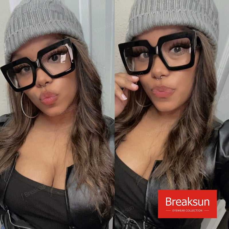 Breaksun Oversized Blue Light Glasses for Women Fashion Thick Square Computer Eyewear Non-Prescription Black Glasses (Black+ Flower) - Image 2