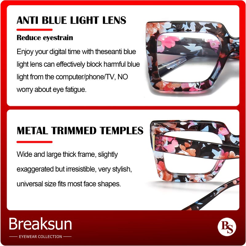 Breaksun Oversized Blue Light Glasses for Women Fashion Thick Square Computer Eyewear Non-Prescription Black Glasses (Black+ Flower) - Image 5