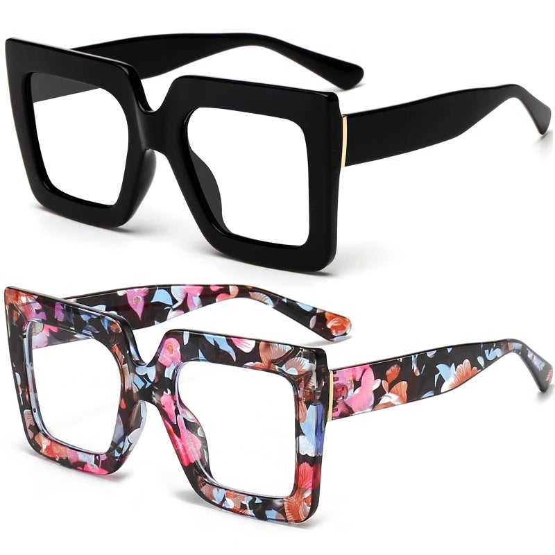 Breaksun Oversized Blue Light Glasses for Women Fashion Thick Square Computer Eyewear Non-Prescription Black Glasses (Black+ Flower) - Image 1
