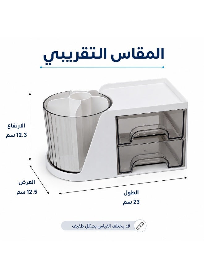 منظم مكتب 3 في 1 دوار 360 درجة مع حامل أقلام متعدد الأقسام ودرجين شفافين وصينية علوية، منظم أدوات مكتبية للأقلام والملاحظات والإكسسوارات للمكتب والدراسة - Image 5