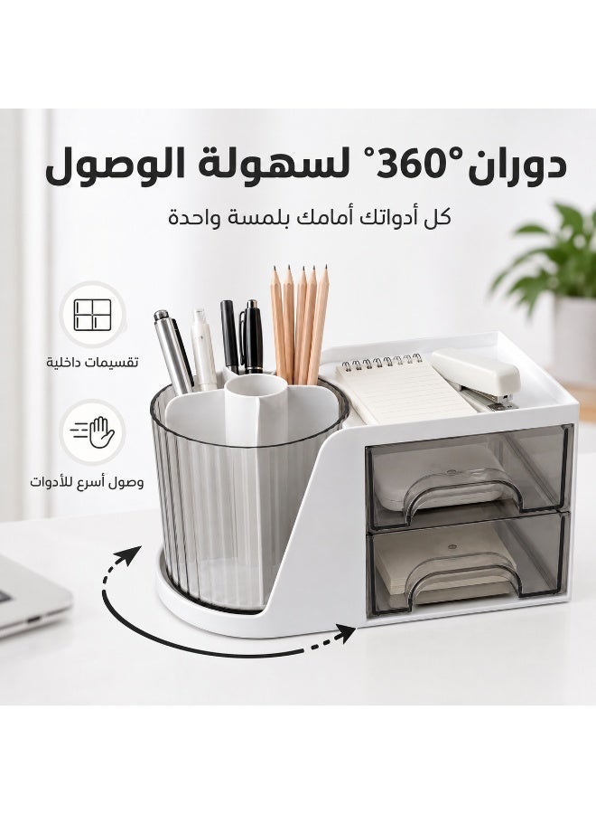 منظم مكتب 3 في 1 دوار 360 درجة مع حامل أقلام متعدد الأقسام ودرجين شفافين وصينية علوية، منظم أدوات مكتبية للأقلام والملاحظات والإكسسوارات للمكتب والدراسة - Image 3