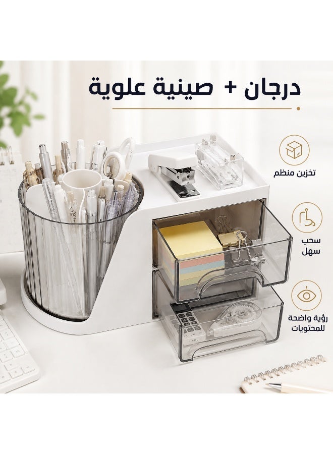 منظم مكتب 3 في 1 دوار 360 درجة مع حامل أقلام متعدد الأقسام ودرجين شفافين وصينية علوية، منظم أدوات مكتبية للأقلام والملاحظات والإكسسوارات للمكتب والدراسة - Image 4