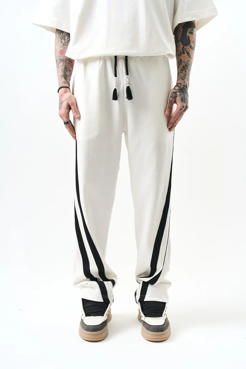 RESPIRE Men's Interlock Baggy Sweatpants with Slanted Stripe Detail, Ecru