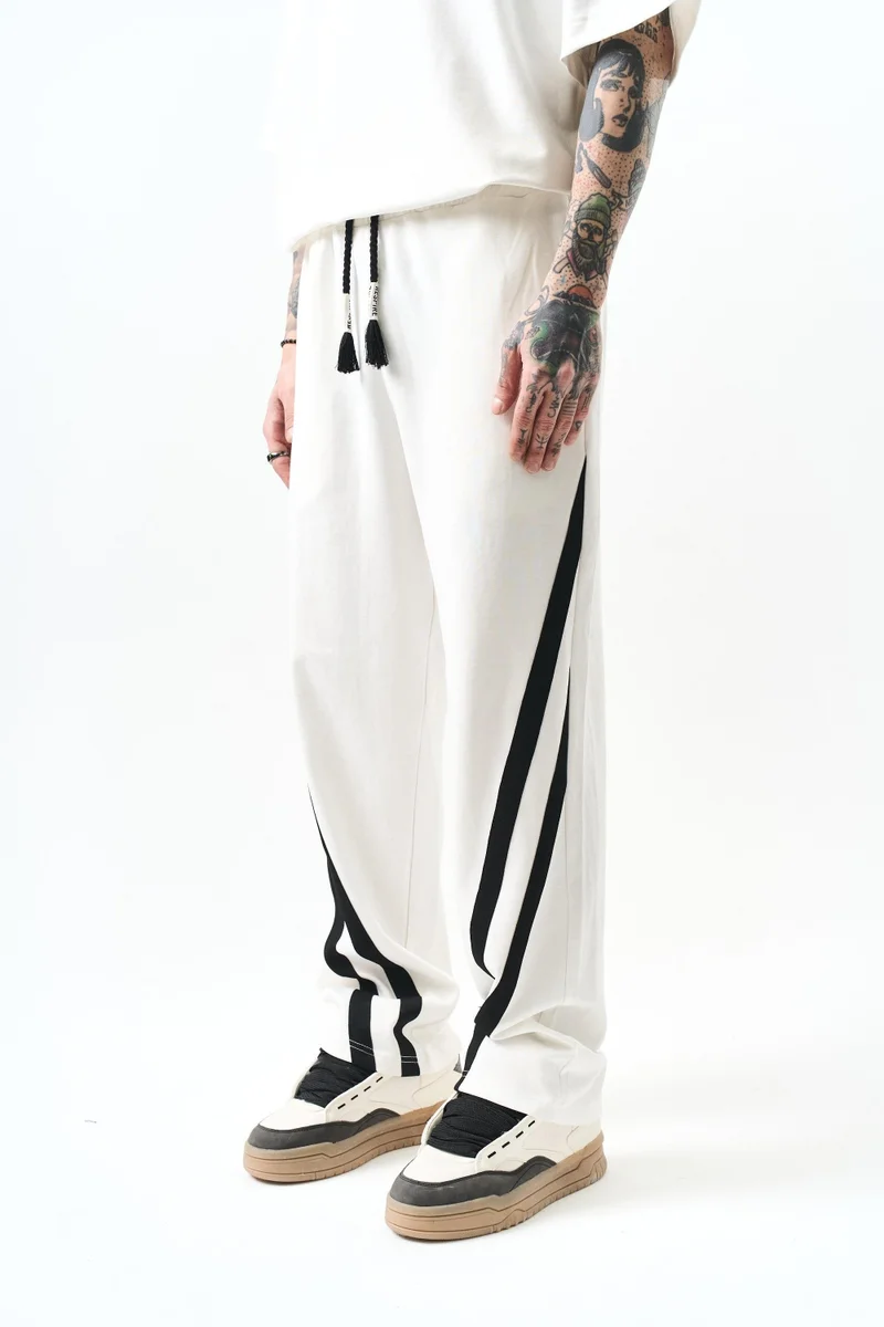 RESPIRE Men's Interlock Baggy Sweatpants with Slanted Stripe Detail, Ecru