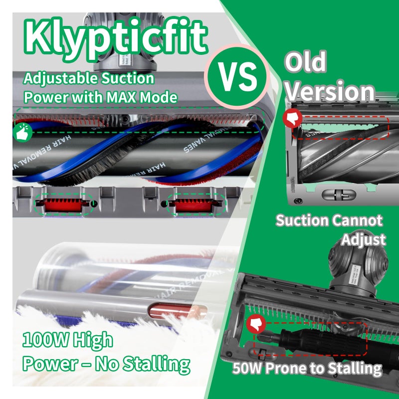 Klypticfit رأس تنظيف عالي العزم محدث بديل لمكنسة دايسون V11 V15 V10 اللاسلكية، رأس مكنسة مع خاصية مقاومة التشابك وشفط قابل للتعديل متوافق مع قطع دايسون رقم 970100-05 (9.8 بوصة) - Image 3