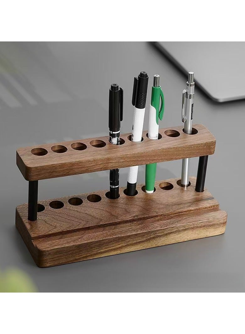 PAPERSAY Wooden Desk Organiser with Phone Stand, 9-Slot Pen Holder, Walnut Wood, 20 x 8 x 8 cm - Image 3